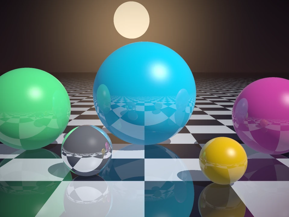 Cinco esferas brillantes de colores sobre un piso de ajedrez con reflejos: imagen original